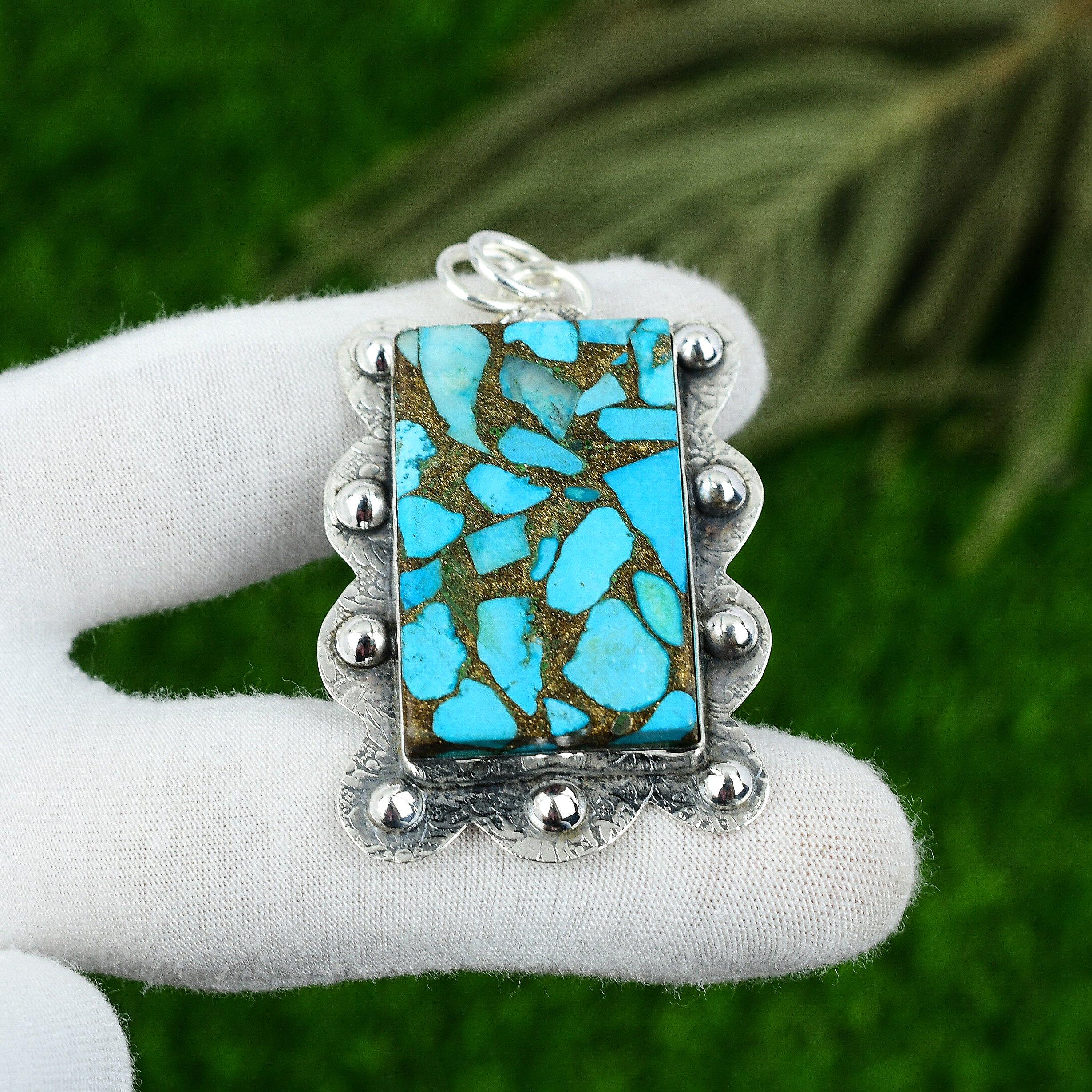 

Natural Copper Blue Turquoise Gemstone 925 Sterling Silver Pendant For Girls