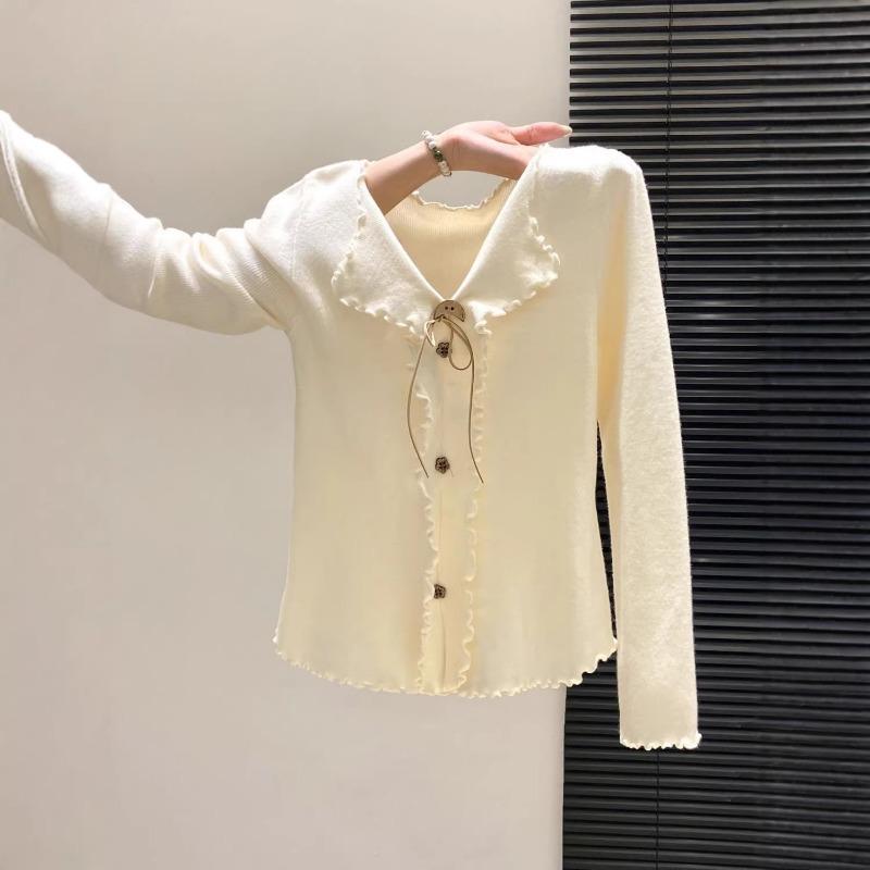 women ruffle collar knit cardigan v-neck long sleeve fitted casual button down sweater S абрикосовый