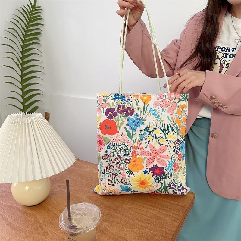 43 New Flower Canvas Bag Student Retro Large Capacity Play Holiday Tote Bag Shoulder Bag