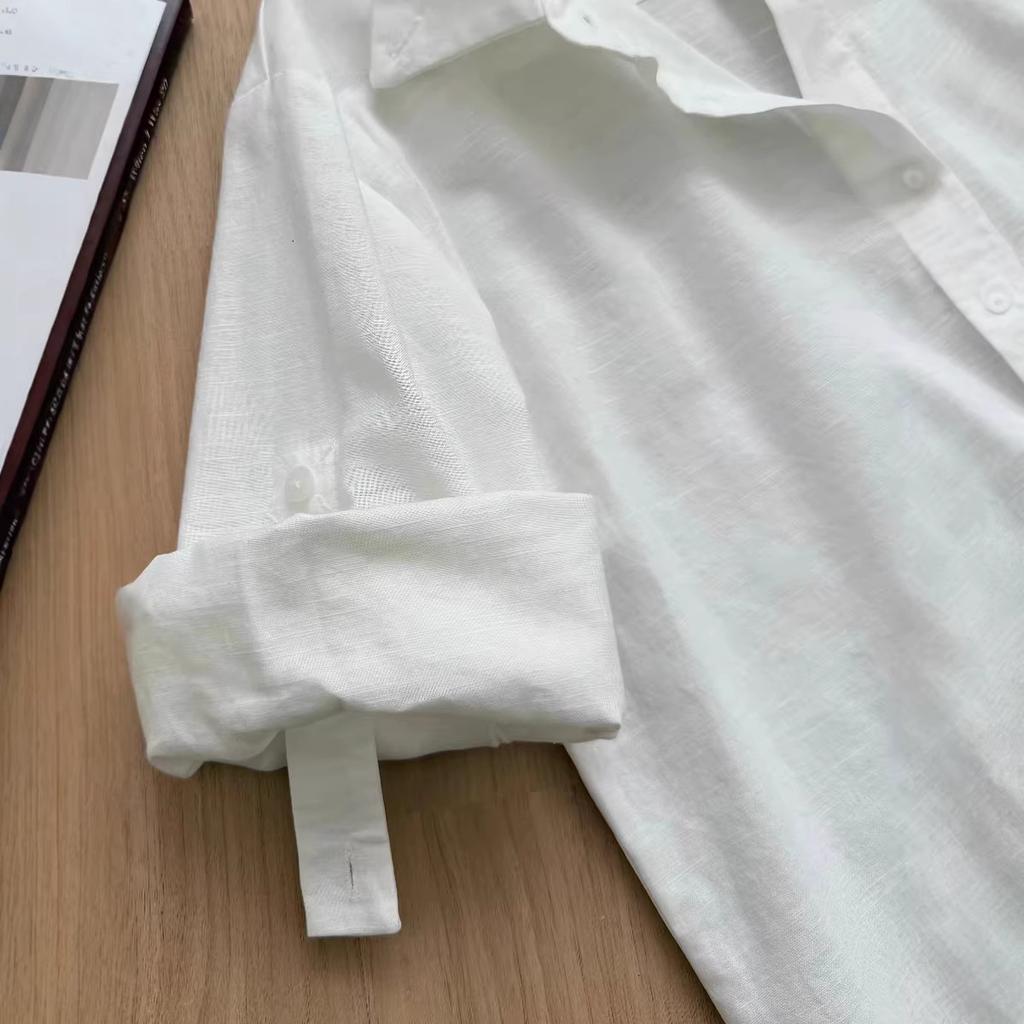 White linen shirt front shoulder short sleeve women's summer casual temperament old money cotton and linen shirt French petty top