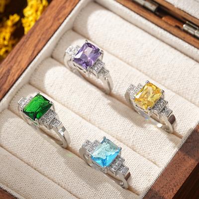 New Silver Color Rectangle Colored Zircon Engagement Rings for Women Female Luxury Party Gift Wedding