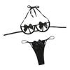 2 Pcs/Set Women Underwear Set Bow Decor Hollow Out Three-point Lace-up Halter Neck Honeymoon Bedroom Bra G-string Set High Waist Revealing Thong