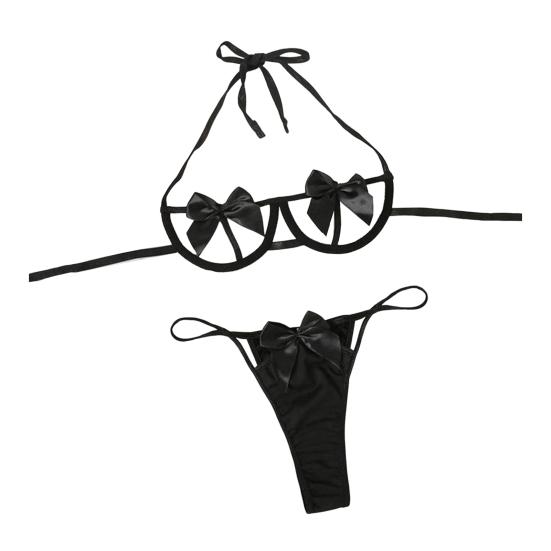 2 Pcs/Set Women Underwear Set Bow Decor Hollow Out Three-point Lace-up Halter Neck Honeymoon Bedroom Bra G-string Set High Waist Revealing Thong
