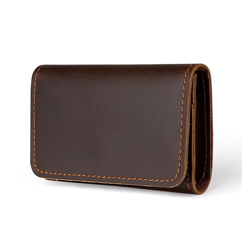 Men s Crazy Horse Leather Card Holder & Wallet - Genuine Dark Buckle, Multi-functional, Bi-fold, First Layer Cowhide темный кофе