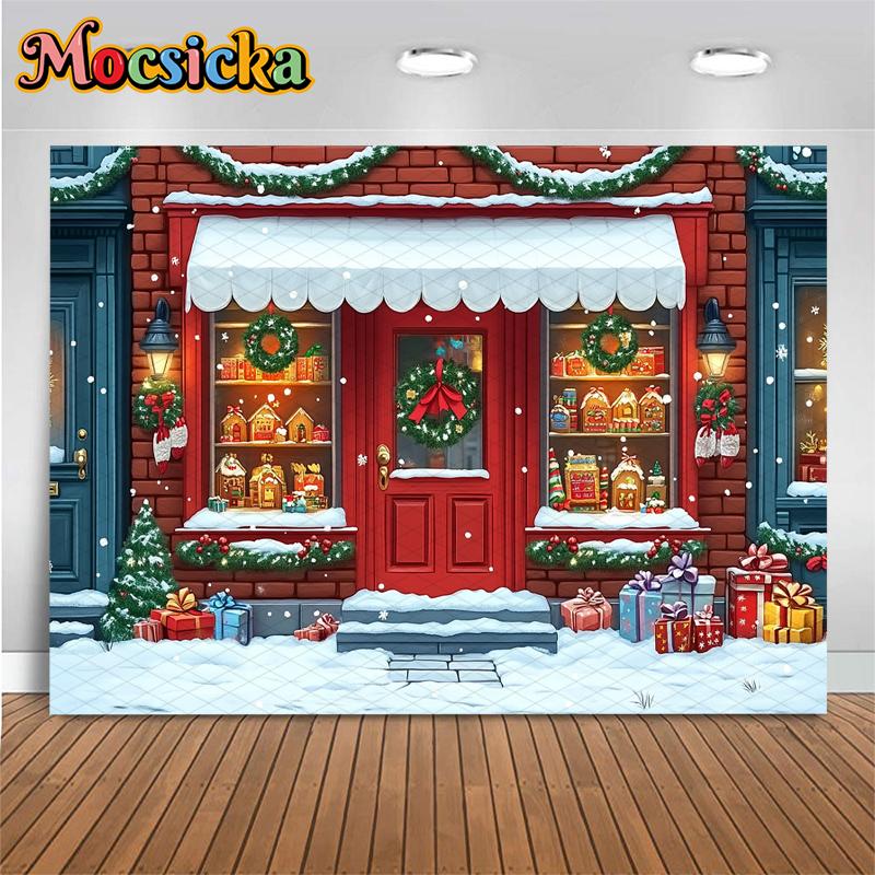 Mocsicka Christmas House Backdrop Winter Snow New Year Party Wallpaper Tree Gift Shop Decoration Festival Photography Background