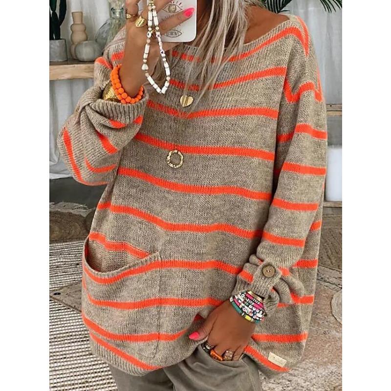 Loose Fit Round Neck Long Sleeve Striped Color Block Pullover Sweater For Women
