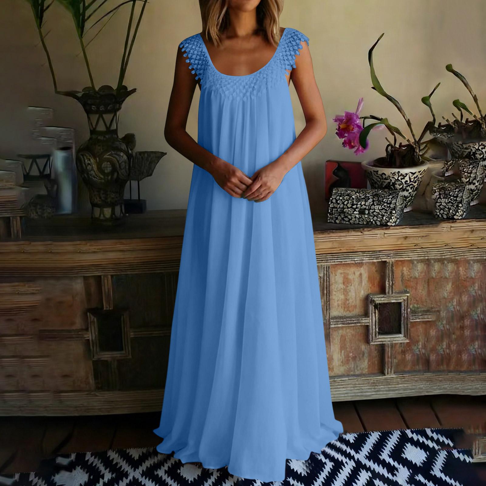 Women s Fashionable Casual Plain Sleeveless Lace-Trimmed Loose-Fitting Dress S синий