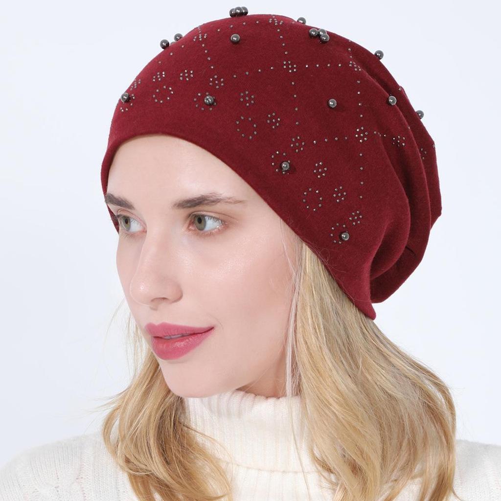 Women's Autumn Winter Double Layer Cotton Hot Diamond Binding Bead Pullover Versatile Warm Hat KTY