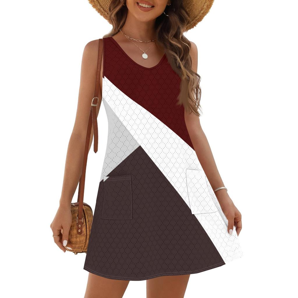 Women's Fashion Casual Summer Cupless Bag V-neck Vintage Color Block Stitching Print Dress Beach Sundress