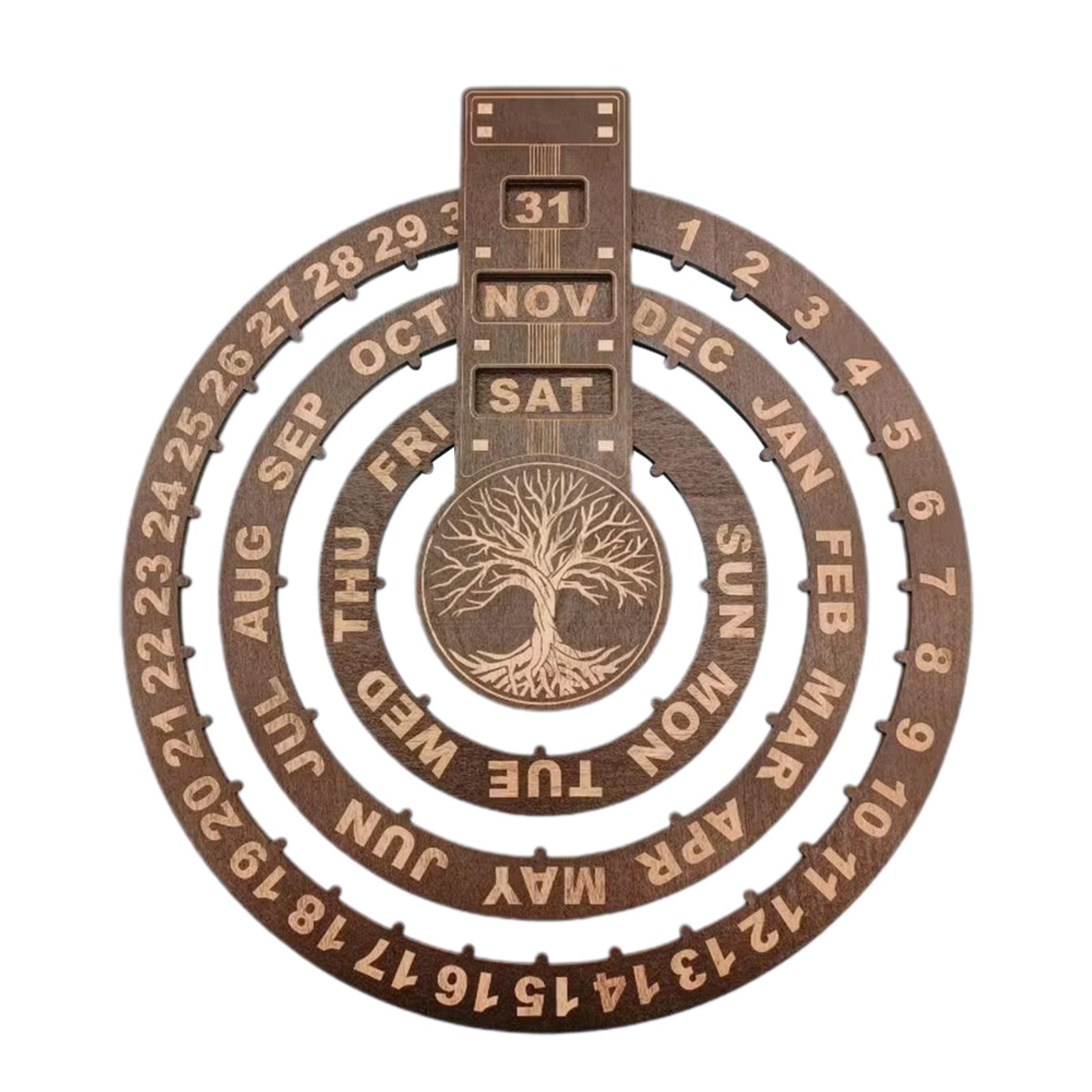 Stylish Retro Hanging Calendar Personalized Wall Mounted Rotating Wooden Carved Perpetual Calendar For Home Indoor Office Decor