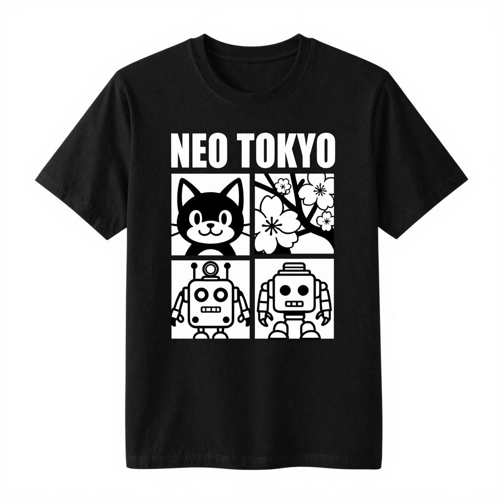 Neo Tokyo Retro Anime Cat Robot Cherry Blossom Grid Graphic Tshirt Unisex Unisex Japanese Lover Cotton Tee Casual Tops S