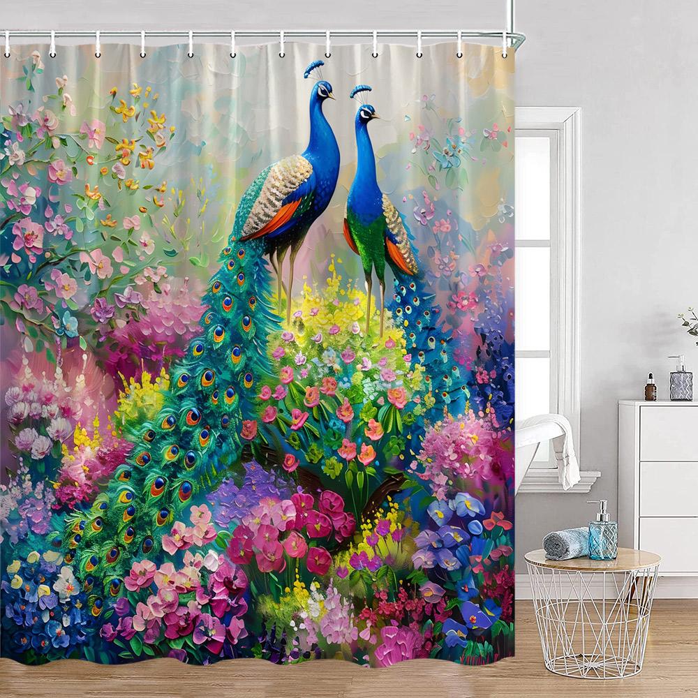 Peacock Shower Curtain Beautiful Blue Bird Pink Flower Tree Chinese Style Elegant Bath Curtain Modern Bathroom Decor with Hook