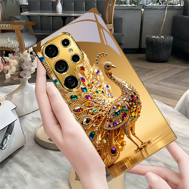 Jeweled Peacock Electroplated Golden Phone Case For Samsung Galaxy S25 S24 S26 S23 S22 S21 S20 Ultra Plus FE S26+ 5G Glass Cover