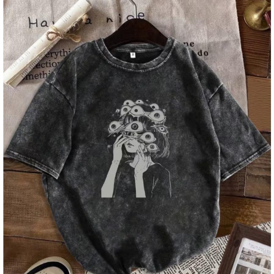 Women's Retro Tarot Black Cat T-shirt Retro Washed Casual T-shirt Mystery Cat Design Round Neck Short Sleeve Top Retro Style Top