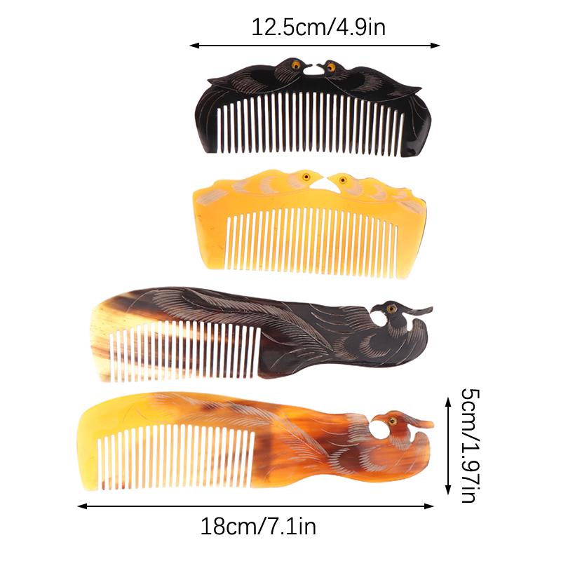 Natural Ox Horn Comb Anti Static Buffalo Combs Mandarin Duck Phoenix Carving Professional Detangling Massage Fine Tooth Comb