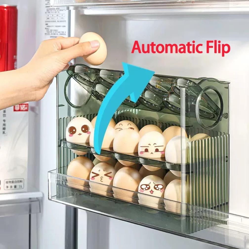 Kitchen Large Capacity Egg Fridge Storage Box - Portable Multi-Layer Egg Tray Organizer, Auto Opening/Closing Egg Holder