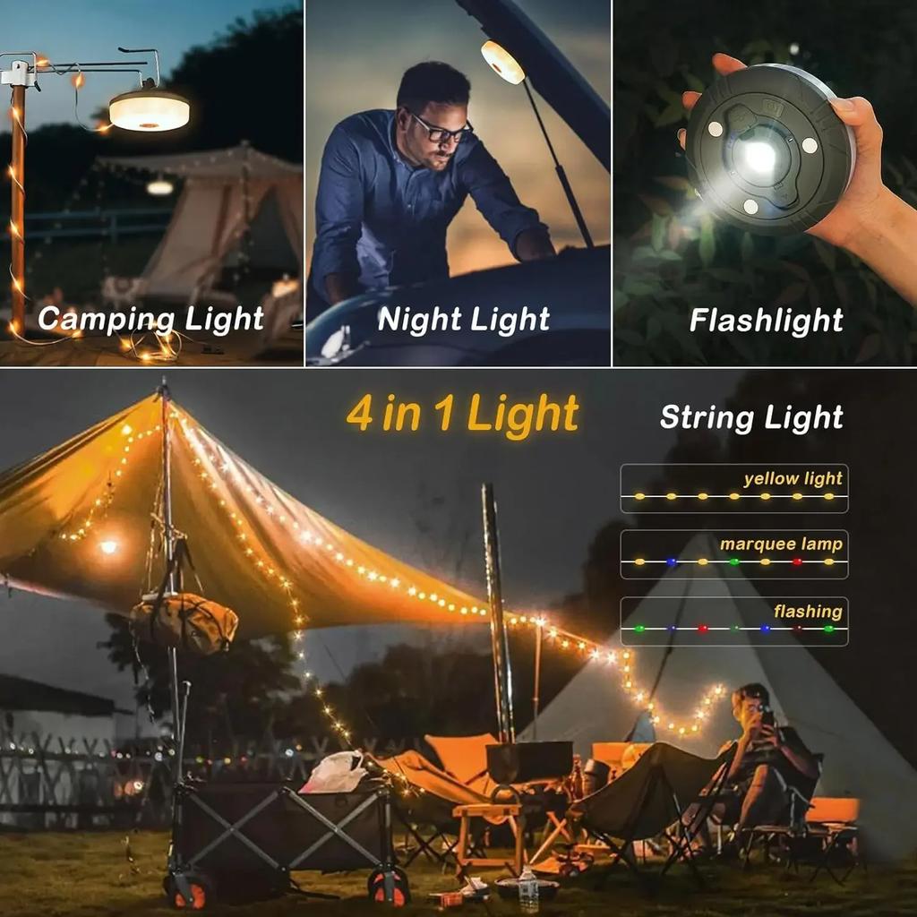 4-in-1 LED Camping Lamp Strip USB Rechargeable Atmosphere 10M Length Waterproof Light String Garden Decoration Tent Flashlight