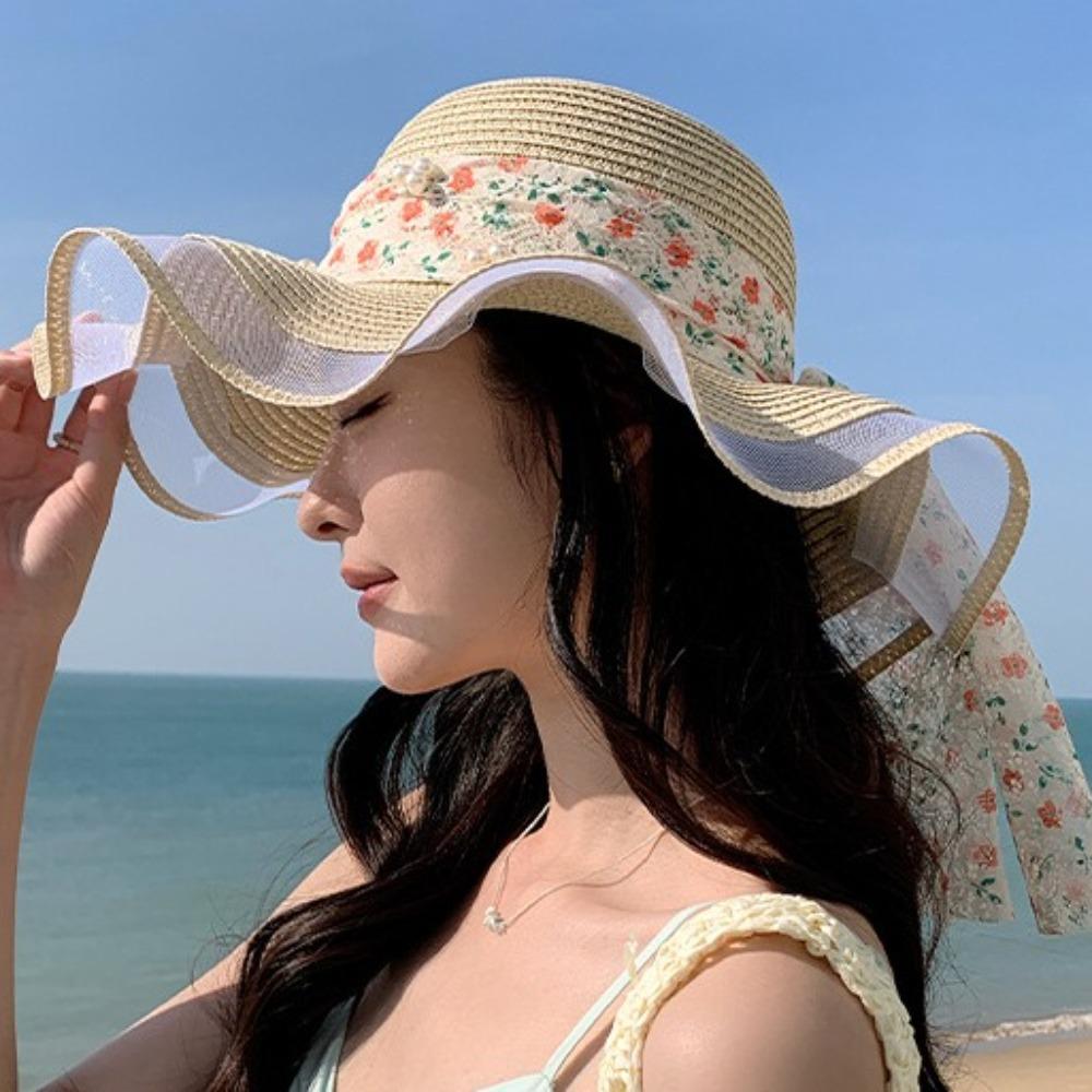 Bowknot Wide Brim Sun Hat Breathable Fisherman Sunshade Cap Fashion Lace Streamers Straw Hat  Girls