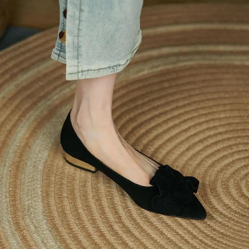 Fashion Luxury Leather Casual Shoes For Women Square Heels Low Heel Elegant Woman Footwear Pointed Toe Pleated 39 Quick Delivery Dress L