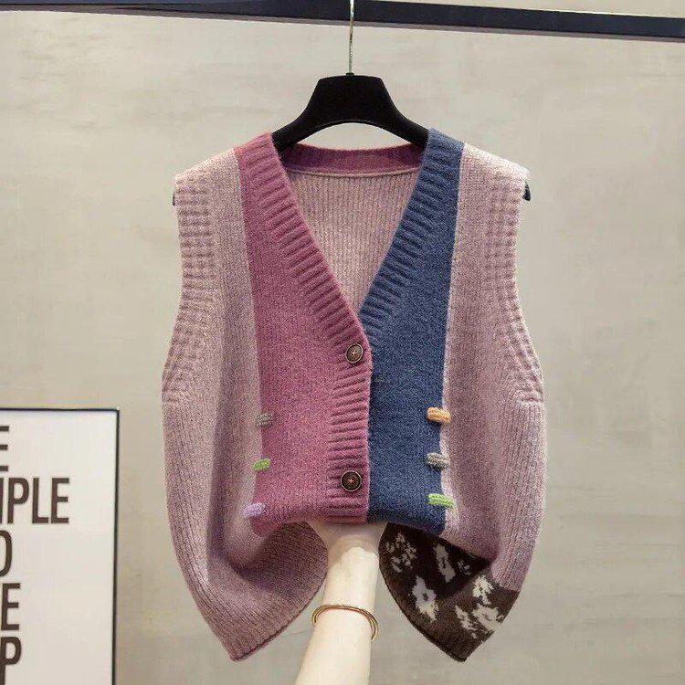Color Block Sleeveless Sweater for Middle-Aged and Elderly Women - Versatile Knit Top for Spring/Autumn