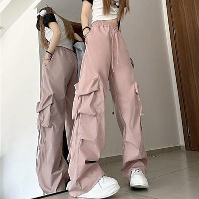 American Retro Quick Drying Workwear Pants For Women's Summer High Waisted Straight Leg Wide Leg Strap Loose Casual Floor Mop Pants