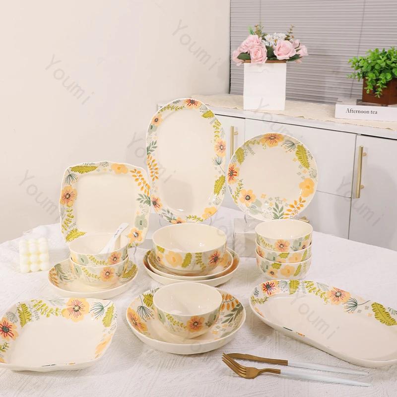 Exquisite Flowers Ceramic Plate Coffee Shop Afternoon Tea Dessert Fruit Plate Delicious Dishes Deep Soup Plates Home Tableware