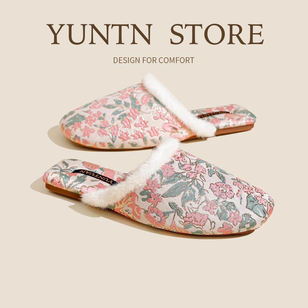 Damen Fleecegefütterte Florale Jacquard Chinesischer Stil Rutschfeste Warme Baumwollpantoffeln für Herbst und Winter