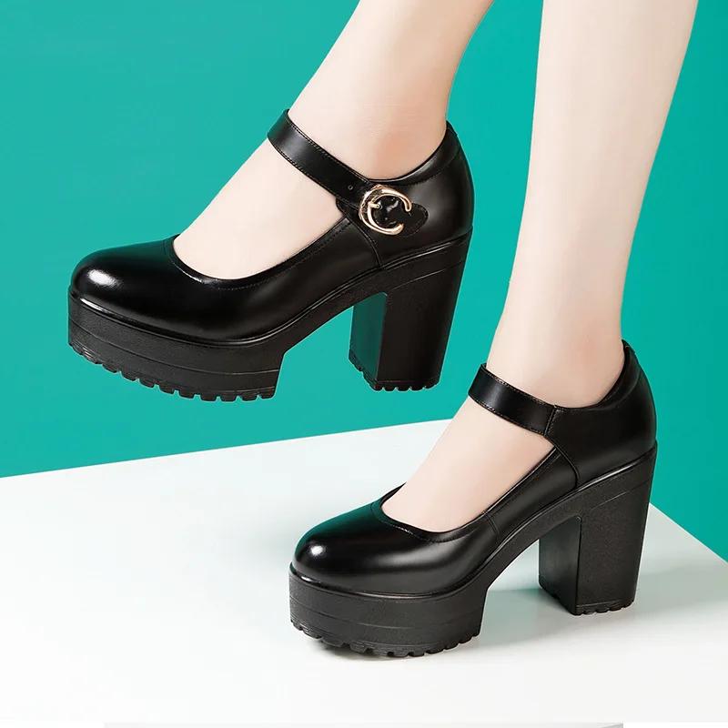 

10cm Comfortable Shallow Mouth Soft Leather Mary Janes Platform Pumps 2025 Spring Block High Heels Shoes Model Party Dress 34