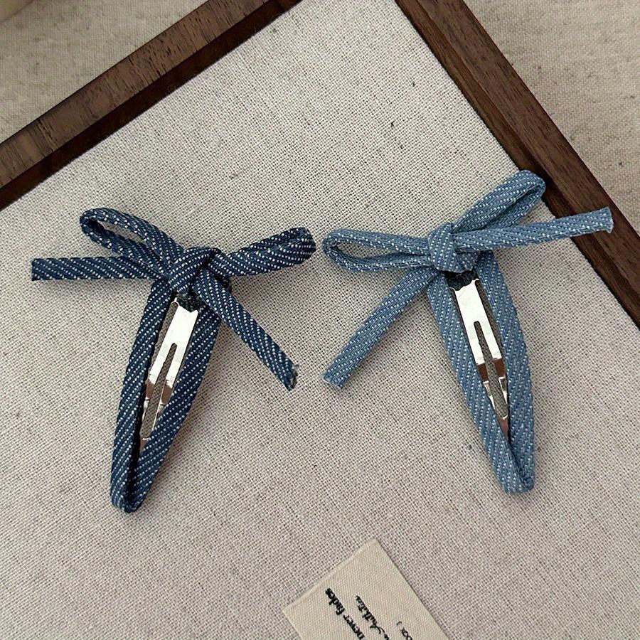 2PCS Women'S New Korean Denim Cute Bow Pop Clip Hair Clip With Sweet Bangs Hair Clip Hair Accessories