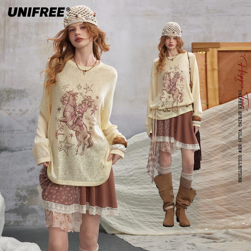 UNIFREE 2026 Spring American Retro Little Horse Print Long Sleeve T-Shirt S