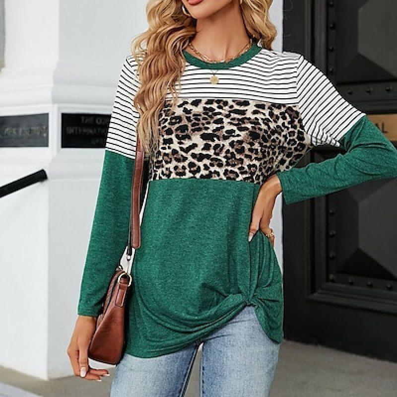 Autumn Long Sleeves T Shirt Leopard Striped Print Women's T-shirts Fashion Casual Tops Daily Loose Crew Neck Women Clothing