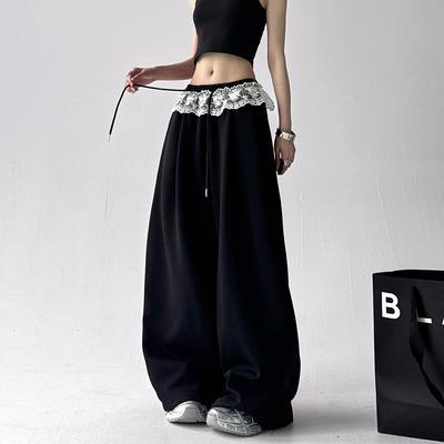 New Wide-leg Pants Women's Summer Solid Color Loose Lace Drawstring Casual Korean Drape Sports Trousers