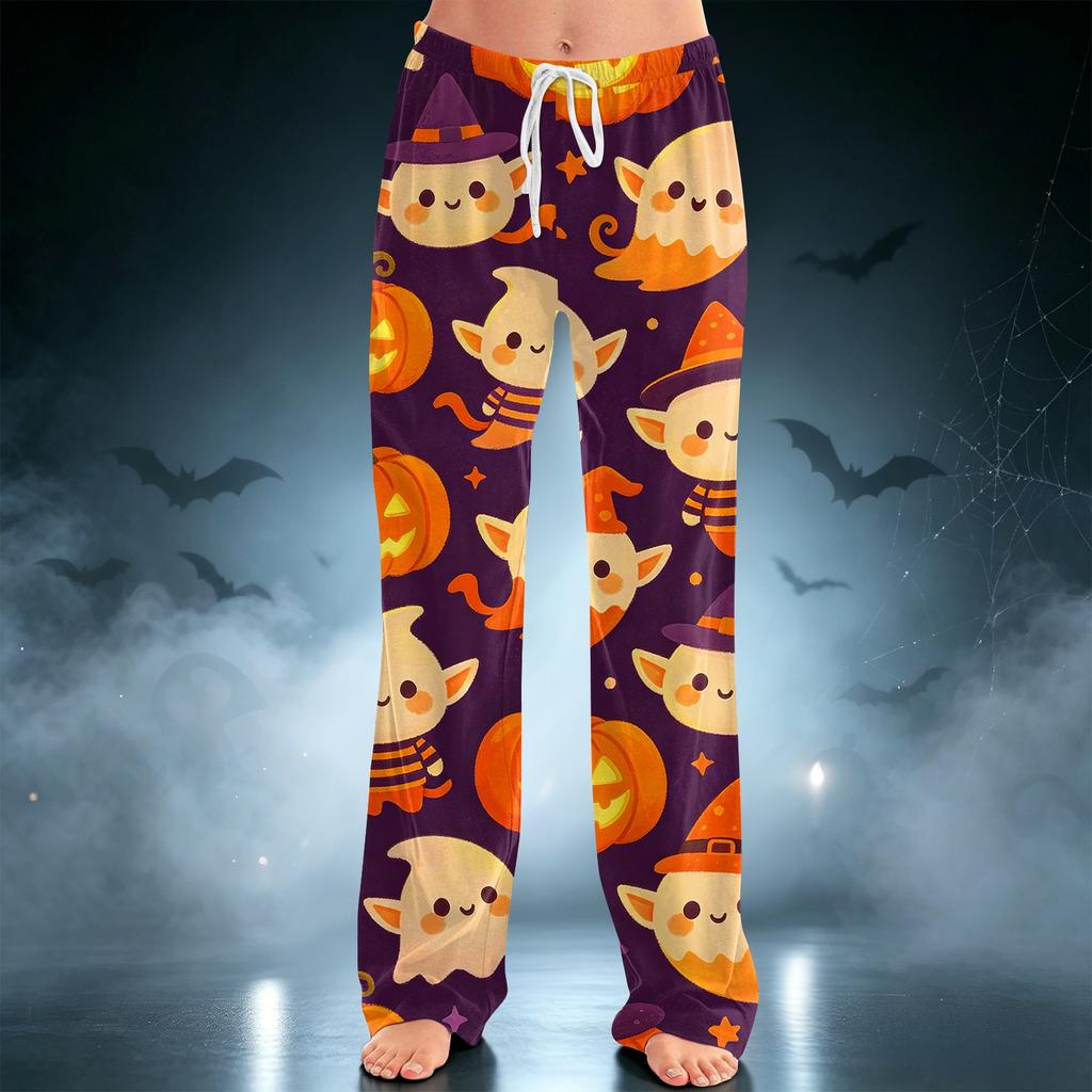 Women's Halloween Print Drawstring Wide Leg Pants for Casual Home Wear
