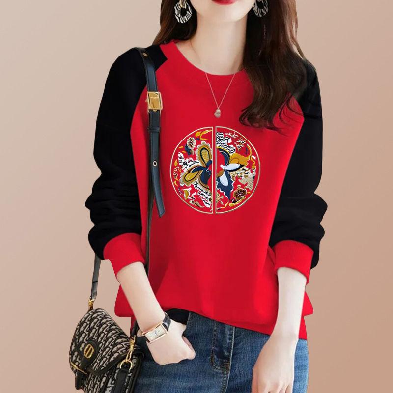 Dámské tričko v čínském stylu podzimní vítěz nové s potiskem s kulatým výstřihem patchwork kontrastní barvy módní s dlouhým rukávem základní topy