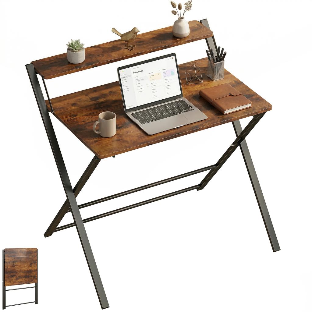 Compact Folding Desk for Small Spaces with Storage Shelf for Home Office, Rustic Brown