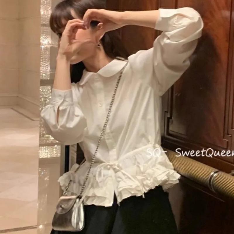 Peter Pan Kragen Gerüschbluse Taillenband Langarmhemd Elegantes Lässiges Oberteil Für Damen