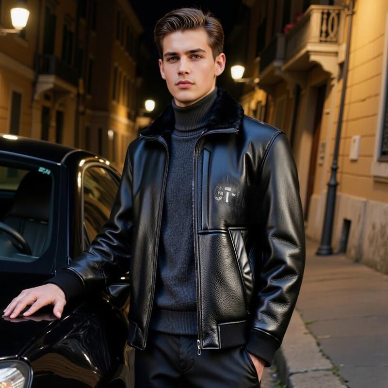 Men's Genuine Leather & Shearling Collar Jacket