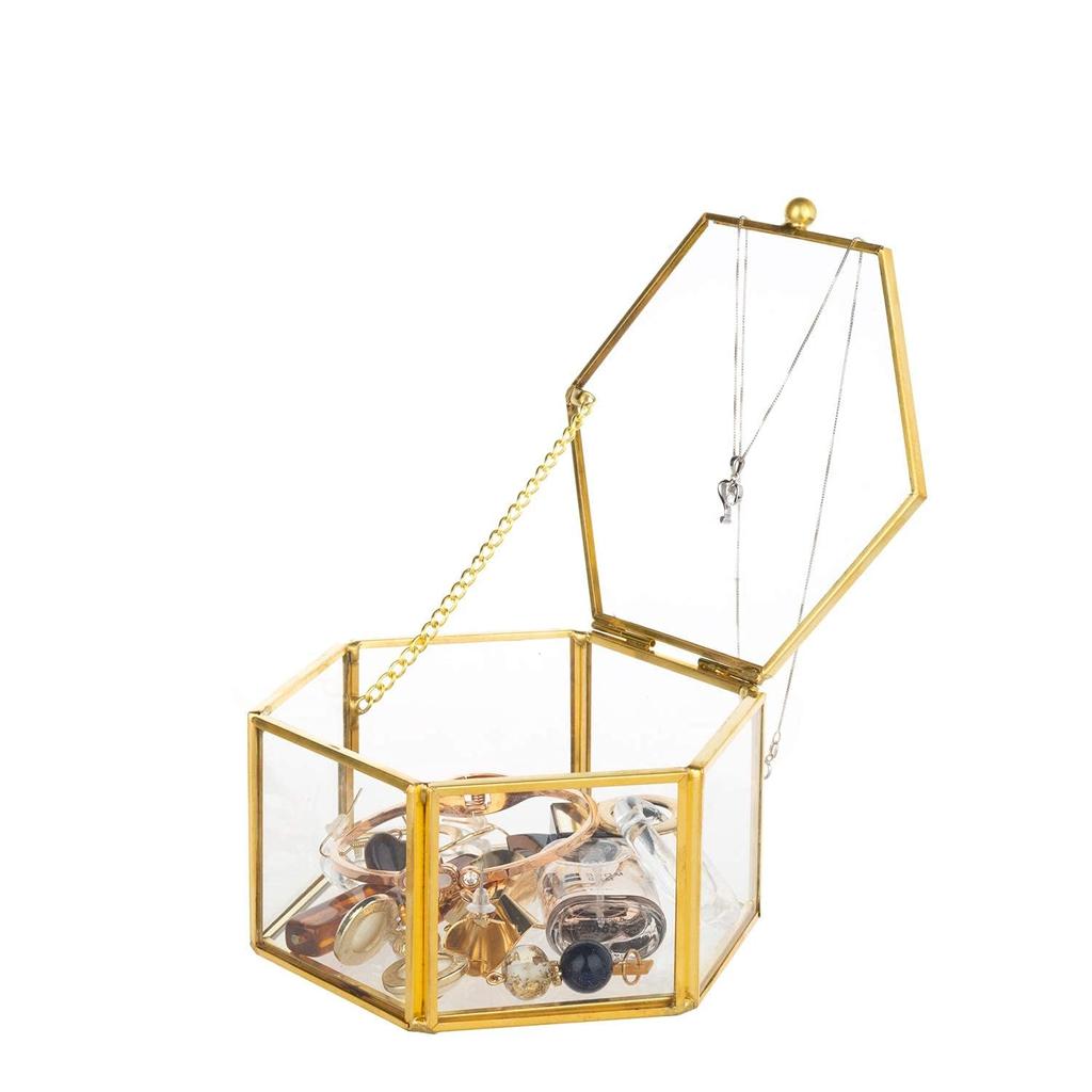 Feyarl 12 cm sexkantig glas smyckeskrin med ringkudde, guld