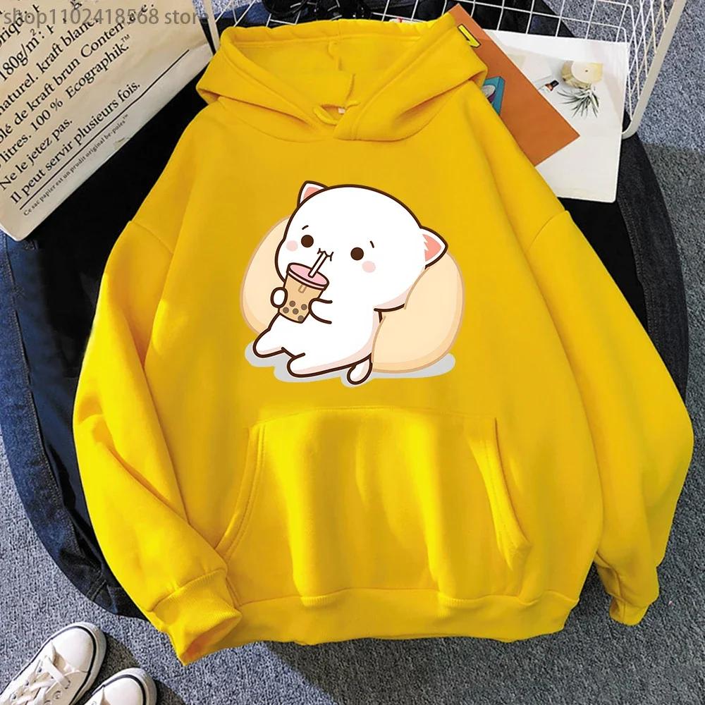Mikiny Bubble Tea Broskvová Kočka Kawaii Potisk Mikina Ženy Harajuku Streetwear Kreslený Vzor O-Výstřih Top Oblečení