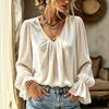 Women V Neck Long Sleeve Blouse Solid Color Casual Loose Fit Top with Flounce Sleeves