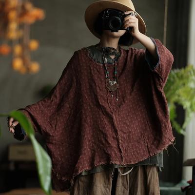 Vintage Damen Rote Print Floral T-Shirts Herbst O-Ausschnitt Langarm Weibliche Lockere T-Shirts