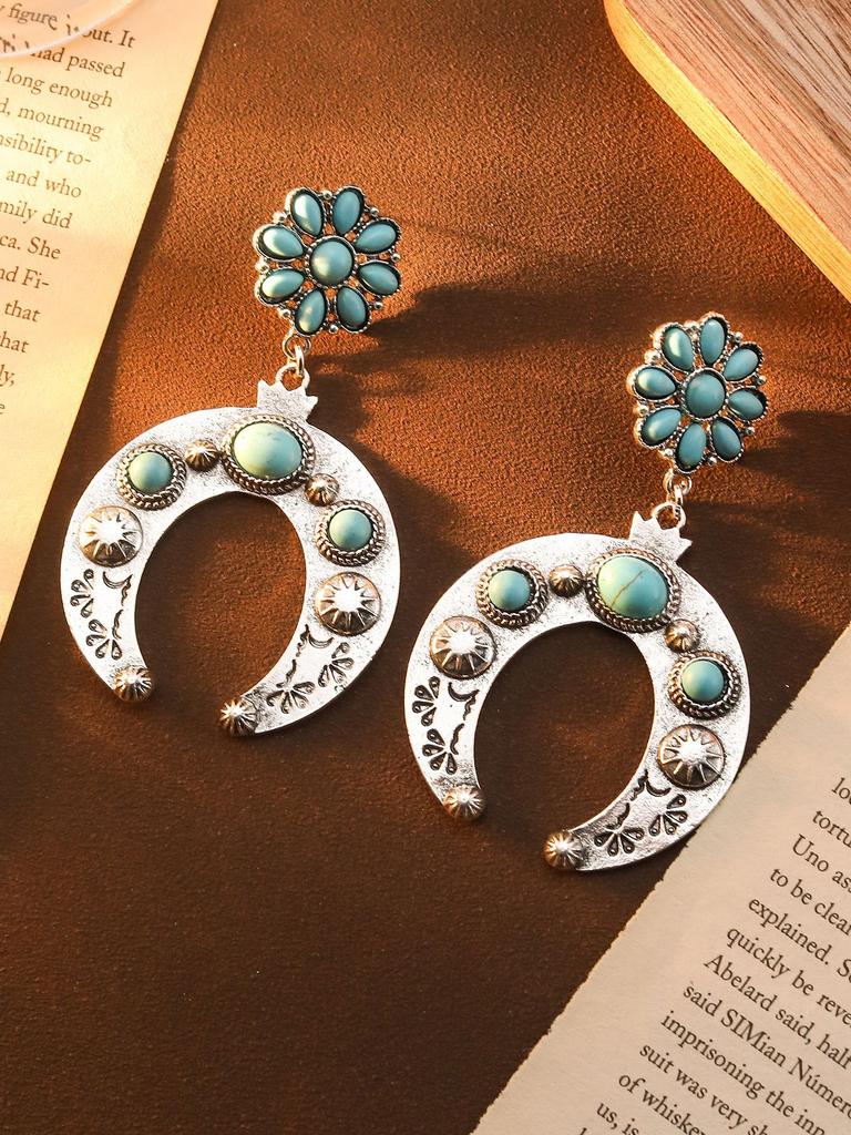 Earrings Bohemian Ethnic Style Earrings Diamond Turquoise Hollow Earrings Women'S Retro Versatile Earrings