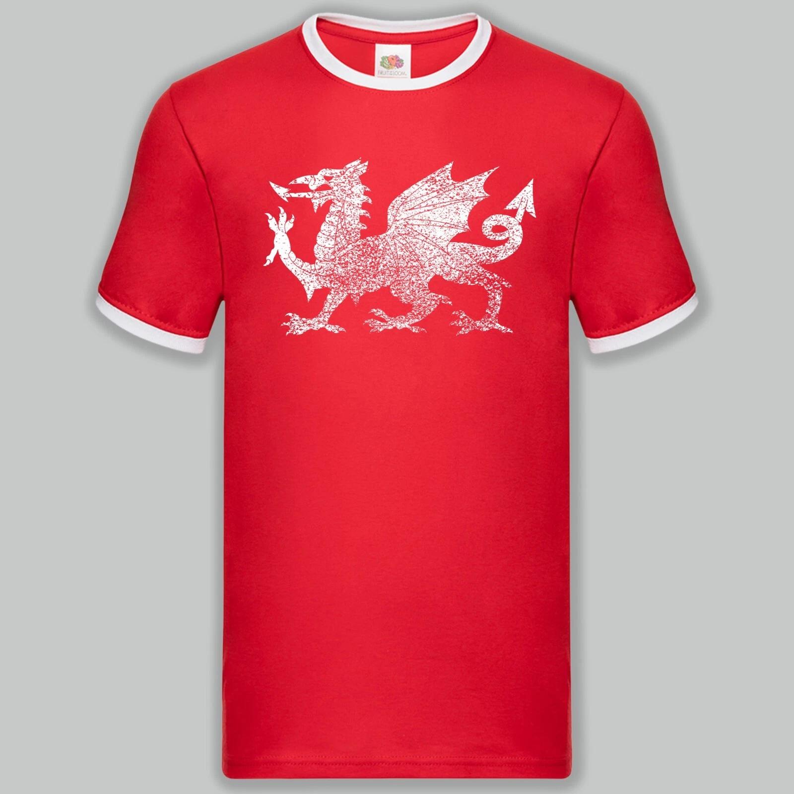 Welsh Dragon Print Ringer T-Shirt Birthday Gift Wales Home Nations S