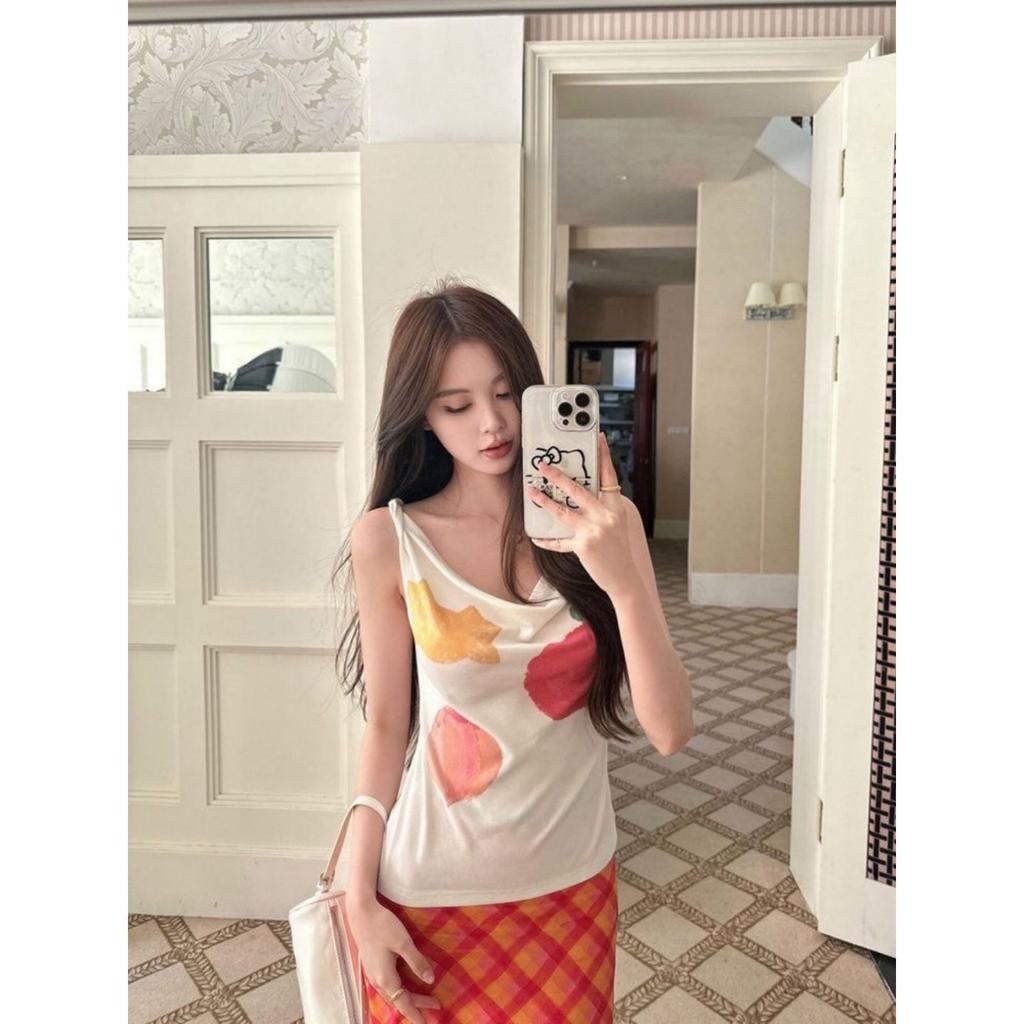 White One-word Shoulder Slanted Shoulder Beautiful Sling Vest Women's Summer Sleeveless Outer Wear Slim Short Swing Neck Top
