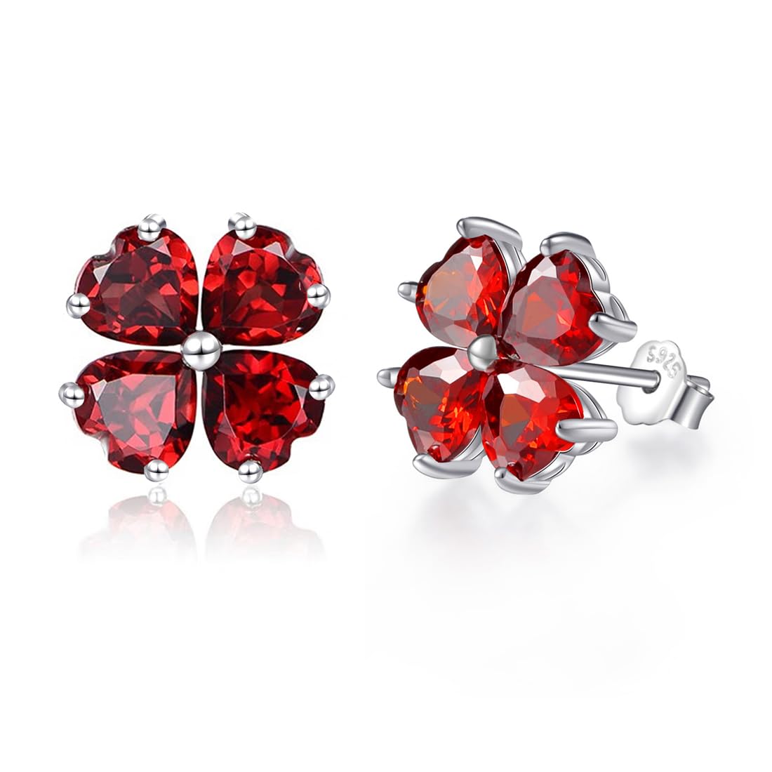 

925 Silver Heart Earrings for Finest January Hypoallergenic Four Leaf Entrance Present [JIANGXIN] Women, Birthstone, Garnet, Earrings, Clover,