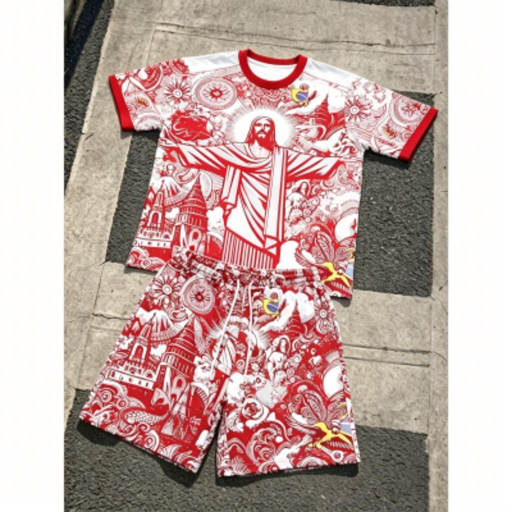 Fashion JESUS Printing Outdoor Street Men's T-shirt and Shorts 2 Piece Set Summer Casual Outfit Men's and Women's Sports Set