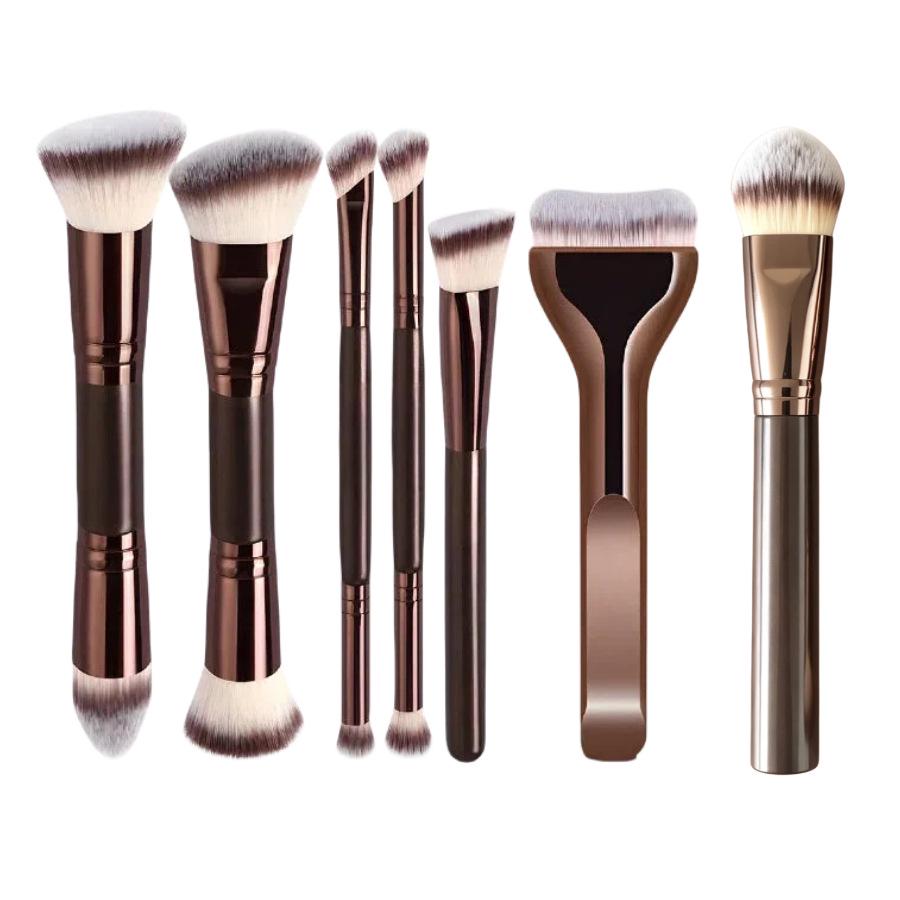 Dual-Head Makeup Brush Set: Foundation, Blush, Loose Powder Brushes In Coffee Color.