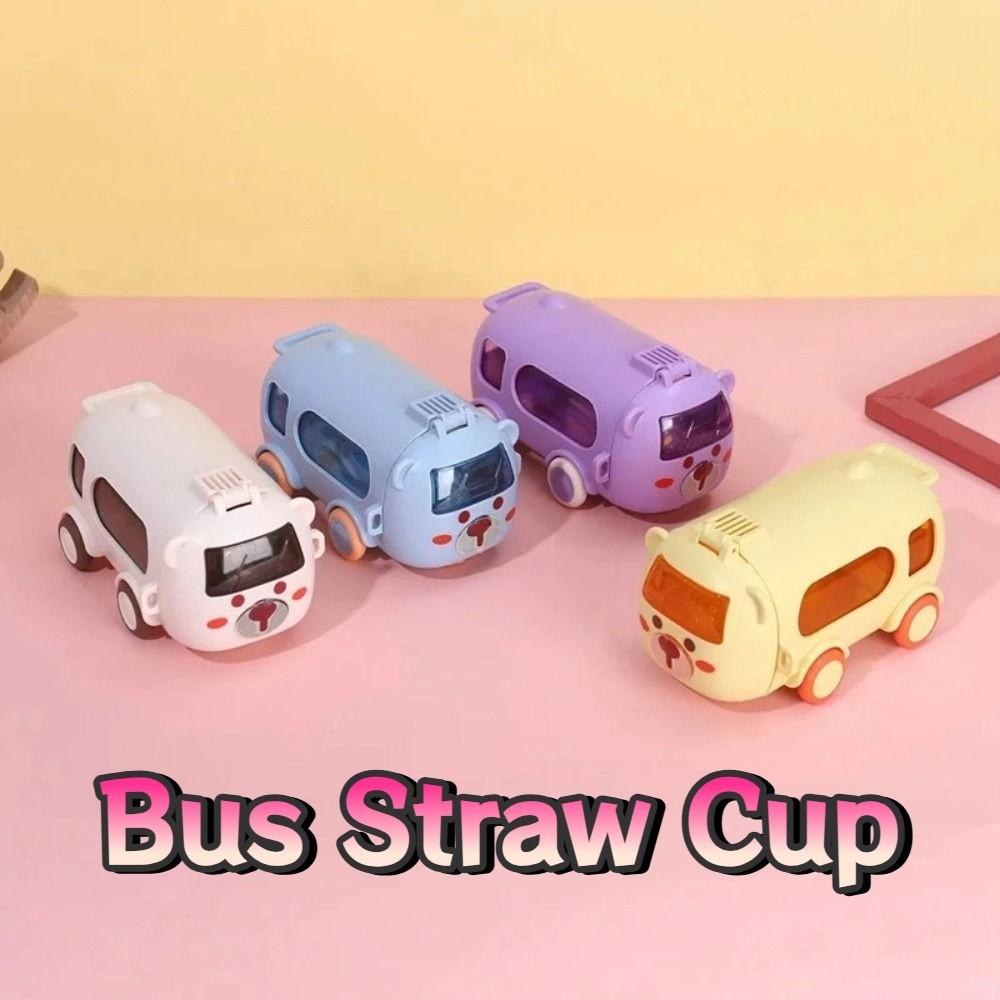 Cartoon Bus Straw Cup Leak-Proof Large Capacity Bus Plastic Water Bottle with Shoulder Strap 500ml Kids Drinking Cup