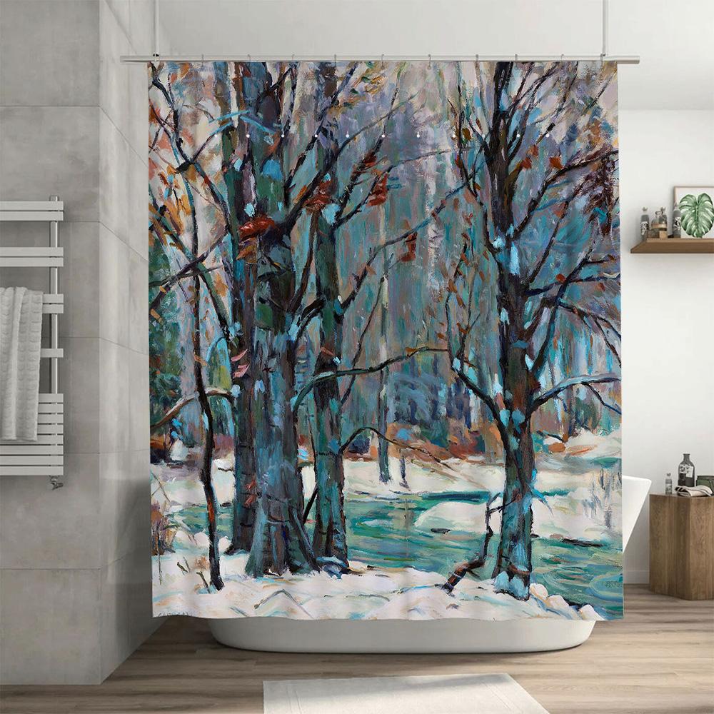 Artistic Bath Curtain Winter Trees Snow Stream Print Decor Shower Liner For Bathroom Home Decoration In Blue Green White Color W