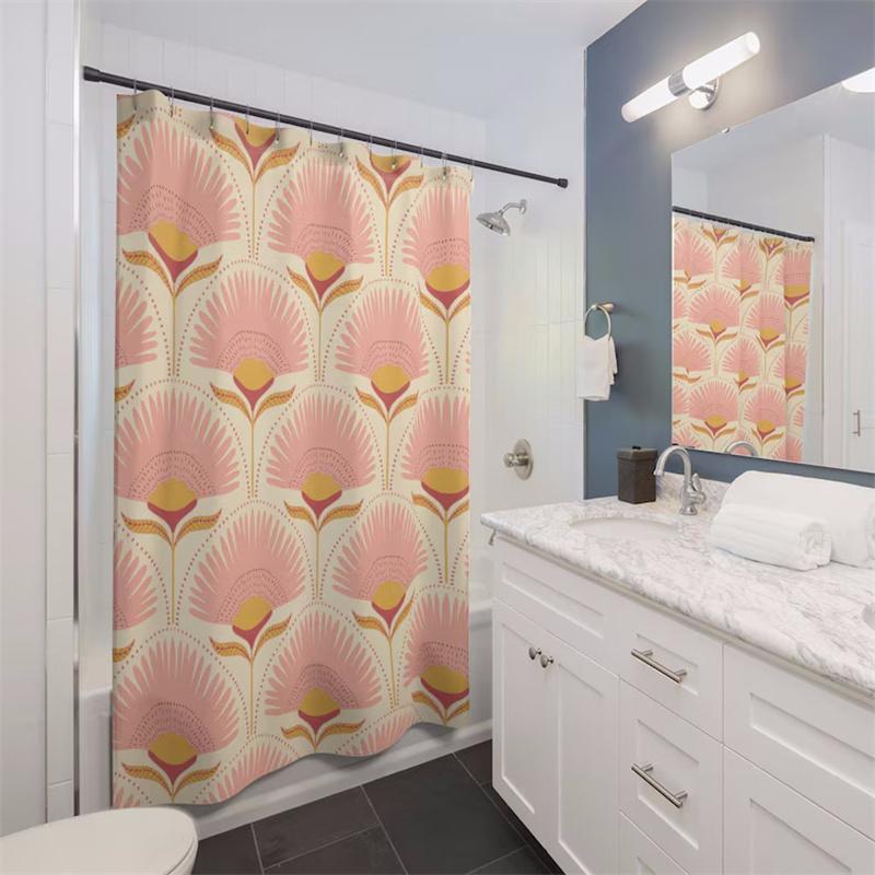 Art Deco Shower Curtain Vintage Bathroom Decor Yellow Pink Shower Curtain Art Floral Pattern Art Nouveau Bath Decor Gift